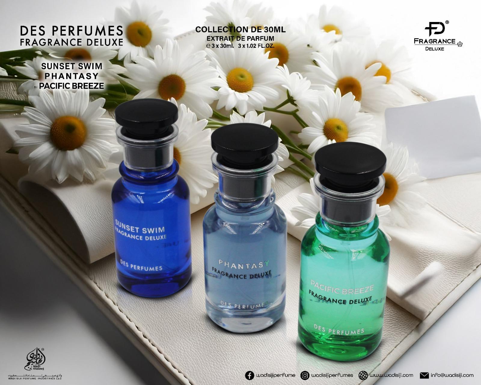 Des Perfumes Fragrance Deluxe Set 3 x 30ml EDP  סט 3 בשמים יוניסקס פנטזי, סאנסט סווים, פסיפיק בריז