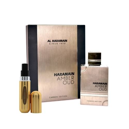 Perfumes - Al Haramain - Amber Oud Carbon EDP For Men 200ML + Portable Refillable Mini Spray 10ML-אמבר אוד קרבון אדפ לגבר 200 מ"ל + בקבוק מילוי 10 מ"ל - אל הרמיין